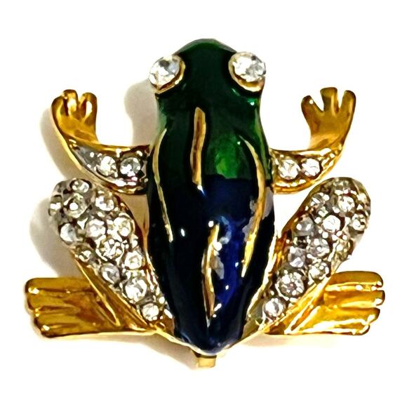 American Vintage FROG BROOCH PIN 1" Enameled Gold Blue Green Crystal Rhinestone - Picture 1 of 5